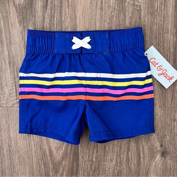 Cat & Jack Baby Boys Swim Shorts 12M Blue Stripe Board Trunks UPF 50+ Summer - Picture 2 of 7